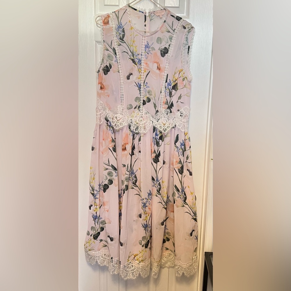 Ted Baker Carlos Floral Lace Trim midi dress Ted 4, US 10 - Picture 2 of 7